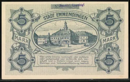 Notgeld Emmendingen 1918, 5 Mark, Stadtwappen und Stadtansicht mit Gebäude und Marktplatz, Stempel: Bezahlt Ungültig