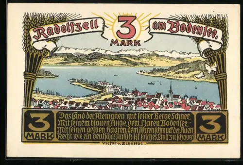 Notgeld Radolfzell 1921, 3 Mark, Stadtansicht am Bodensee und Porträt von Victor von Scheffel
