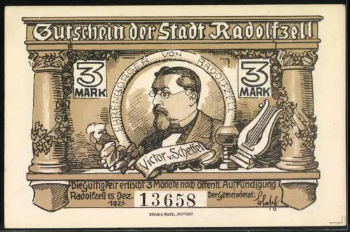 Notgeld Radolfzell 1921, 3 Mark, Stadtansicht am Bodensee und Porträt von Victor von Scheffel