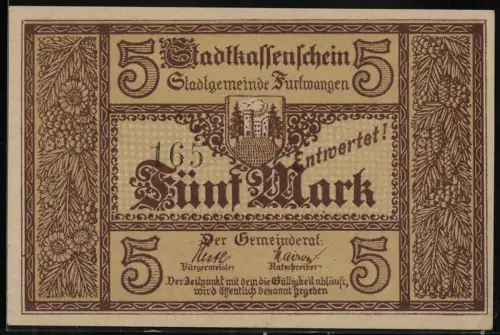 Notgeld Furtwangen, 5 Mark, Stadtansicht und Tannenmuster mit Wappen, KN Dreistellig, Stempel: Entwertet