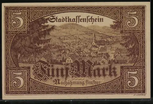 Notgeld Furtwangen, 5 Mark, Stadtansicht und Tannenmuster mit Wappen, KN Dreistellig, Stempel: Entwertet