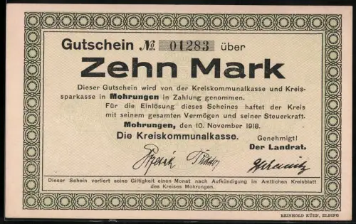 Notgeld Mohrungen 1918, Zehn Mark, Rahmenmuster mit Text über Gültigkeit und Einlösung der Kreiskommunalkasse