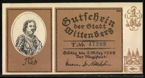 Notgeld Wittenberg 1922, 1 Mark, Besuch Peters des Grossen in Luthers Wohnstube 1712