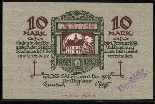 Notgeld Gross-Salze 1918, 10 Mark, Gebäudeansicht mit dekorativen Rahmen und Stadtwappen, Stempel: Ungültig