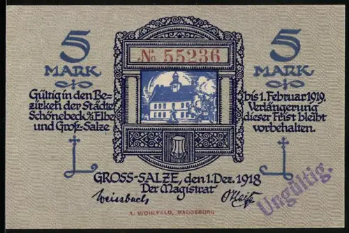 Notgeld Gross-Salze 1918, 5 Mark, Gebäudeansicht mit Ornamenten und Wappen, Stempel: Ungültig