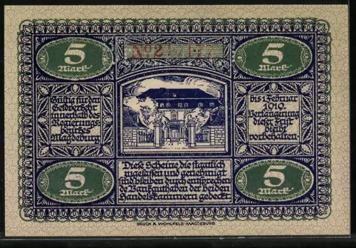 Notgeld Magdeburg & Halberstadt 1918, 5 Mark, Häuser und Wappen von Magdeburg und Halberstadt