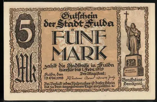 Notgeld Fulda 1918, 5 Mark, Bonifatius-Denkmal und Parkanlage aus Schlossgarten
