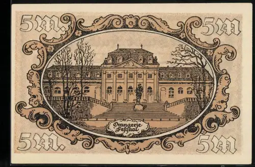 Notgeld Fulda 1918, 5 Mark, Orangerie im Schlosspark, Bonifatius-Denkmal
