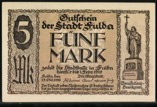 Notgeld Fulda 1918, 5 Mark, Orangerie im Schlosspark, Bonifatius-Denkmal