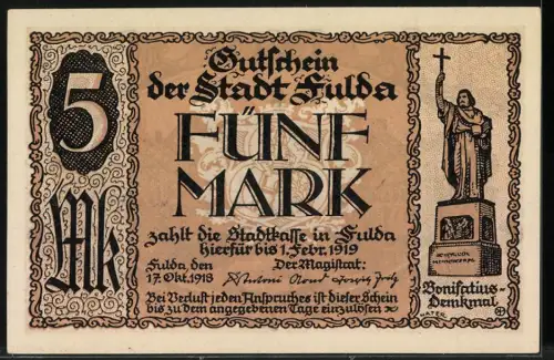 Notgeld Fulda 1918, 5 Mark, Stadtschloss und Bonifatius-Denkmal