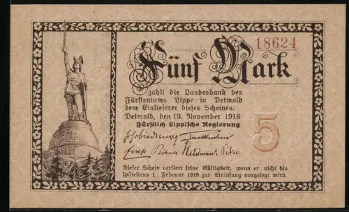 Notgeld Detmold 1918, 5 Mark, Hermannsdenkmal und Wappen des Fürstentums Lippe