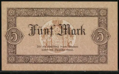Notgeld Detmold 1918, 5 Mark, Hermannsdenkmal und Wappen des Fürstentums Lippe