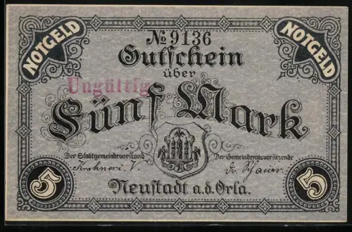 Notgeld Neustadt a.d. Orla 1918, 5 Mark, Stadtwappen und dekoratives Muster, Stempel: Ungültig