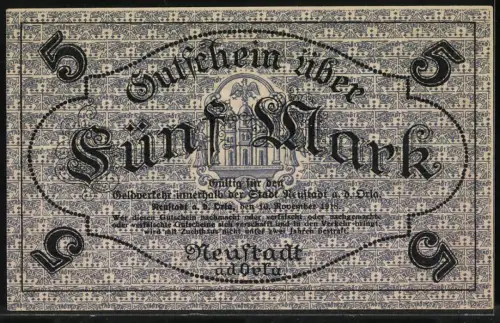 Notgeld Neustadt a.d. Orla 1918, 5 Mark, Stadtwappen und dekoratives Muster, Stempel: Ungültig