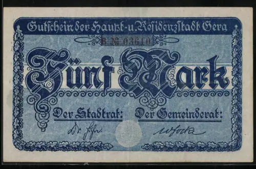 Notgeld Gera 1919, 5 Mark, kunstvolle Verzierung mit Gebäudeansicht und Textfeld