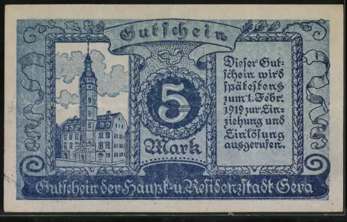 Notgeld Gera 1919, 5 Mark, kunstvolle Verzierung mit Gebäudeansicht und Textfeld