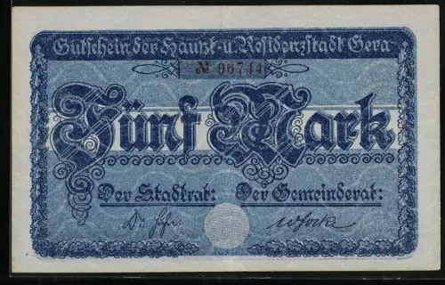 Notgeld Gera 1919, 5 Mark, Stadtszene und dekoratives Muster