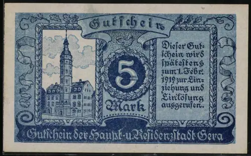 Notgeld Gera 1919, 5 Mark, Rathaus mit Turm und Zierleiste