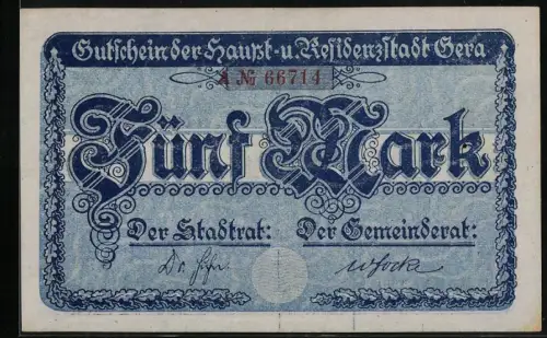 Notgeld Gera 1919, 5 Mark, Stadtansicht und dekorative Ornamente