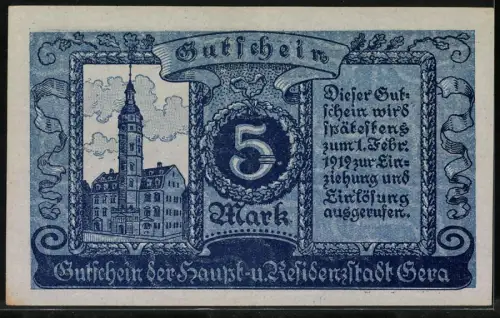 Notgeld Gera 1919, 5 Mark, Stadtansicht und dekorative Ornamente