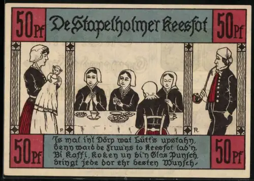 Notgeld Erfde / Stapelholm, 50 Pf, Kaffeetafel und Bauernhaus mit Wappen von Pferd und Kuh