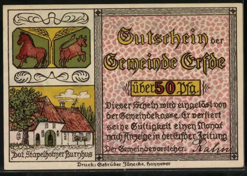 Notgeld Erfde / Stapelholm, 50 Pf, Kaffeetafel und Bauernhaus mit Wappen von Pferd und Kuh
