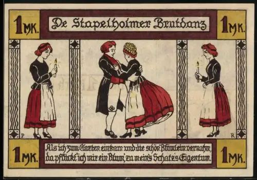 Notgeld Erfde / Stapelhom, 1 Mark, Brauttanz, Dorfansicht mit Kirche und Landschaftssiegel