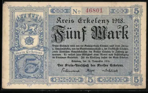 Notgeld Erkelenz 1918, 5 Mark, Wappen und Heilige Figur mit Ackerbau-Motiv