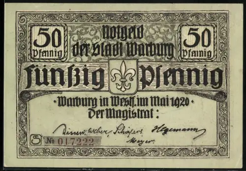 Notgeld Warburg 1920, 50 Pfennig, Stadtansicht mit Gebäude und Stadtmauer, Wappen mit Lilie