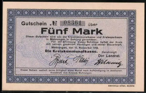 Notgeld Mohrungen 1918, 5 Mark, blauer Rand mit Kreisornamenten