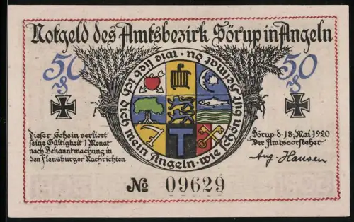 Notgeld Sörup 1920, 50 Pf, Wappen und Ehrenmal mit Figuren der Liebe und Hoffnung