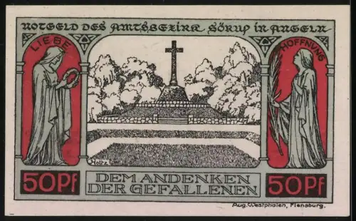 Notgeld Sörup 1920, 50 Pf, Wappen und Ehrenmal mit Figuren der Liebe und Hoffnung