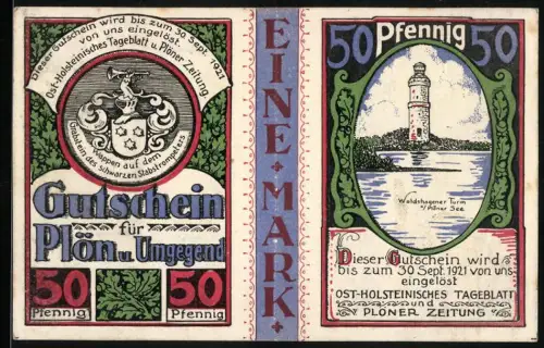 Notgeld Plön 1921, 1 Mark (Teilbar in 2x 50 Pf), Waldshagener Turm und Kirche & Schloss, Wappen