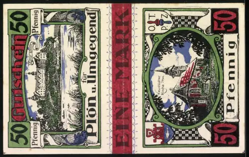 Notgeld Plön 1921, 1 Mark (Teilbar in 2x 50 Pf), Waldshagener Turm und Kirche & Schloss, Wappen