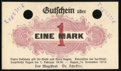 Notgeld Sagan 1918, 1 Mark, verzierte Zahl 1 und Stadtwappen, Stempel: Ungültig, entwertet (gelocht)