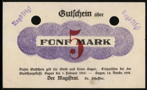 Notgeld Sagan 1918, 5 Mark, verzierter Nennwert und Stadtwappen, Stempel: Ungültig, entwertet (gelocht)