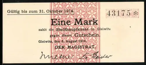 Notgeld Gleiwitz 1914, 1 Mark, rote Ornamente und Magistratsunterschrift