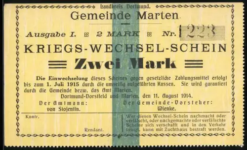 Notgeld Marten 1914, 2 Mark, Text mit Ausgabeinformationen und Gültigkeitsdatum bis 1. Juli 1915