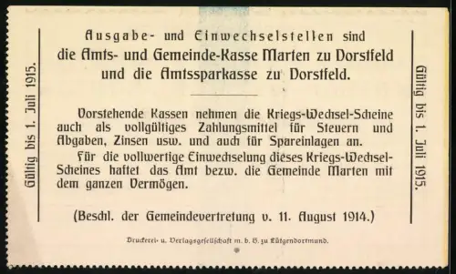Notgeld Marten 1914, 2 Mark, Text mit Ausgabeinformationen und Gültigkeitsdatum bis 1. Juli 1915