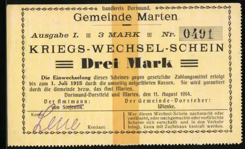 Notgeld Marten 1914, 3 Mark, Text über Einlösung und Gültigkeitsdatum