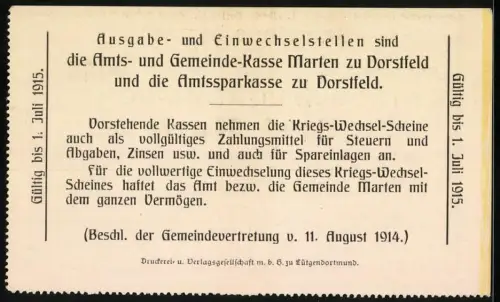 Notgeld Marten 1914, 3 Mark, Text über Einlösung und Gültigkeitsdatum