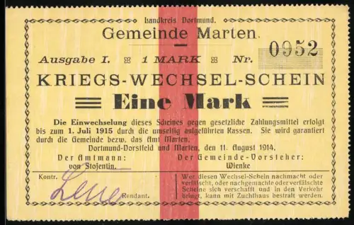 Notgeld Marten 1914, 1 Mark, Kriegs-Wechsel-Schein mit rot-schwarzem Text und Garantieerklärung