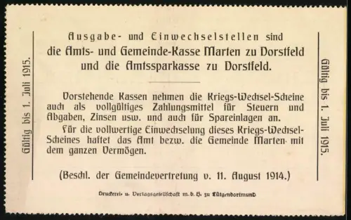 Notgeld Marten 1914, 1 Mark, Kriegs-Wechsel-Schein mit rot-schwarzem Text und Garantieerklärung