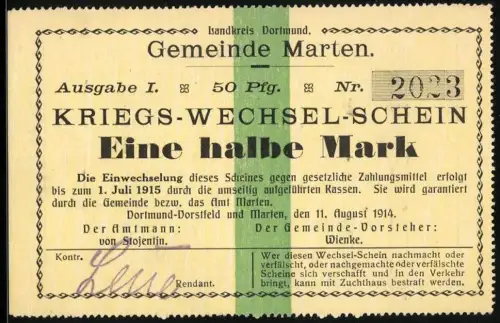 Notgeld Marten 1914, 50 Pfennig, Text über Einlösung und Gültigkeit bis 1915