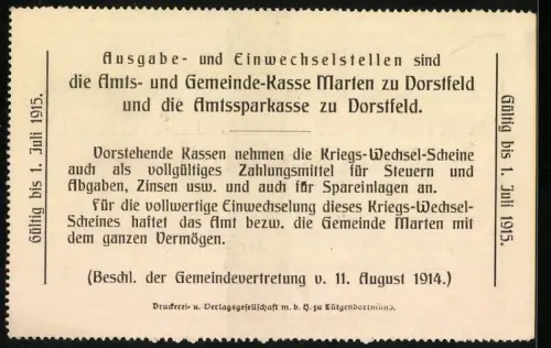 Notgeld Marten 1914, 50 Pfennig, Text über Einlösung und Gültigkeit bis 1915