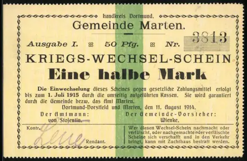 Notgeld Marten 1914, 50 Pfennig, Text über Einlösung und Gültigkeit bis 1915