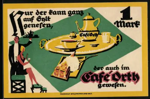 Notgeld Westerland, 1 Mark, Café Orth mit Teeservice und Schriftzug auf grünem Hintergrund