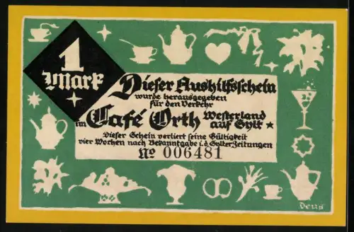 Notgeld Westerland, 1 Mark, Café Orth mit Teeservice und Schriftzug auf grünem Hintergrund