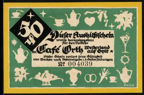 Notgeld Westerland, 50 Pfennig, Café Orth-Motiv mit Teekanne und Kellnerin