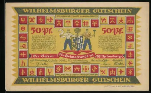 Notgeld Wilhelmsburg, 50 Pfennig, Wappen mit Arbeitern, Weltkarte und Spruchband
